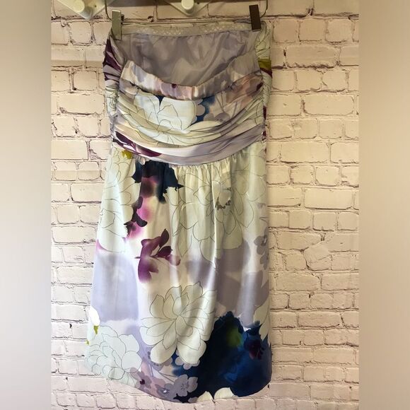 The Limited Gray Purple Navy Ruched Top Strapless Floral Satin Dress Size 2 - Picture 2 of 9